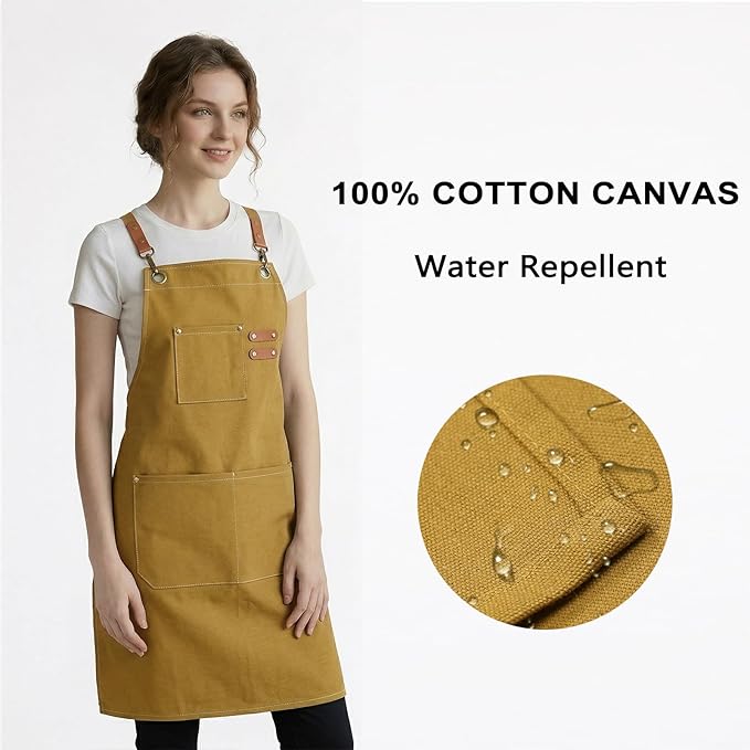 ZOMAO Chef Apron for Women Men with Large Pockets, Cotton Canvas Cross Back Waterproof Work Aprons for Kitchen Cooking Bib