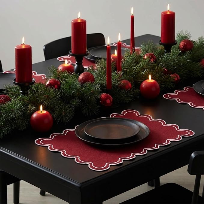 HunnmingRe Set of 6 Cotton Linen Placemats, 13x19 Inch Scalloped Wavy Embroidery Placemat Double Layered Washable Rustic Rectangle Dinner Table Mats for Wedding Home Decor(Burgundy with White)