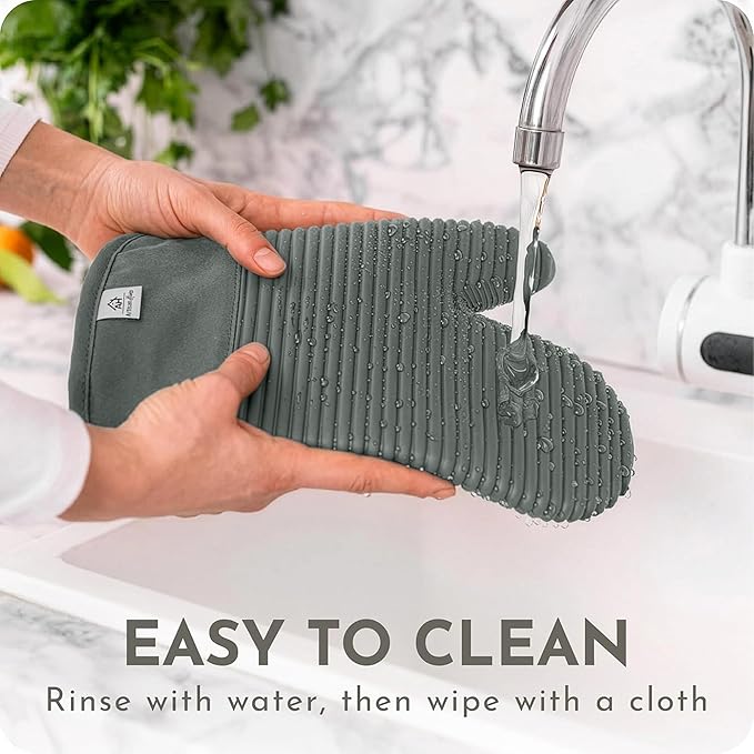 Extra Long Silicone Oven Mitts and Pot Holders Sets | Heat Resistant 500°F BPA-Free Food Grade Silicone Hot Pads & Kitchen Mittens | 4-Piece Set of Oven Gloves & Potholders for Kitchens- Gray