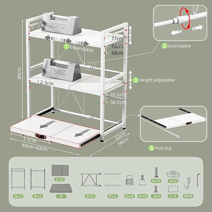 NETEL Expandable Microwave Stand,3 Tier Metal Kitchen Countertop Organizer Shelves with 8 Hooks,Bakers Rack,Pull-Out Microwave Shelf,Metal Storage Shelves,110lbs Weight Capacity,White