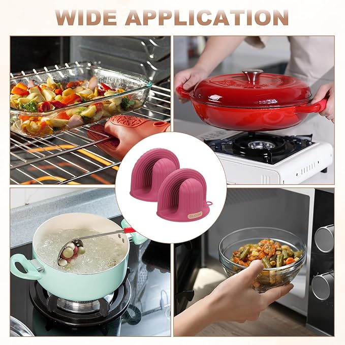 uxcell 2 Pcs Silicone Oven Mitts, Heat Resistant Mini Oven Gloves Silicone Pot Holders Mini Finger Protector Cooking Pinch Grips for Air Fryer Kitchen Cooking & Baking, Rose Red