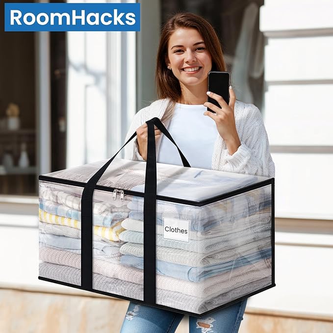 RoomHacks Heavy Duty Clear Moving Bags with Reinforced Handle and Double Zipper, Storage Totes, Packing Bags Alternative to Moving Essential and Supplies Box, Clear, Large, 6 Packs
