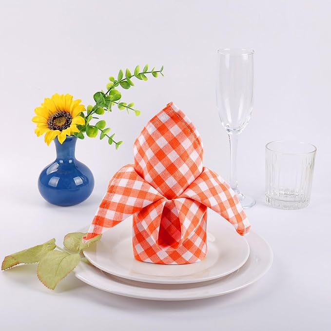 Orange White Buffalo Plaid Cloth Napkins Set of 6, Fall Cotton Table Napkins Washable, Reusable Gingham Cloth Dinner Napkins for Autumn Weeding, Parties, Thanksgiving, Christmas, Dining Celebration
