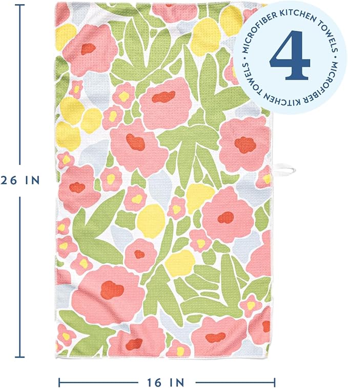 ELYN Microfiber Kitchen Dish Towel Set, Quick-Dry & Absorbent Waffle Weave Cleaning Towels, Set of 4 Kitchen Towels, Paper Towels Alternative (Bold Floral & Geo)