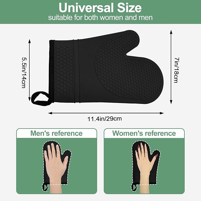 Silicone Oven Mitts Heat Resistant to 500ºF - [Ultra Heat Resistant] [Thickened Liner] [Waterproof Silicone] Kitchen Oven Gloves Mittens for Cooking, 1 Pair (Black)