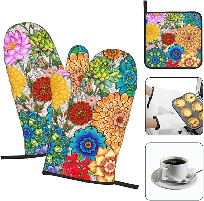 Boho Floral Pot Holders and Oven Mitts Set of 3, Colorful Flowers Baking Gloves Hot Pads, Heat Resistant Kitchen Mitts for Oven, Baking Gifts & Housewarming Gifts for Women Chef Baker Hostress Mom