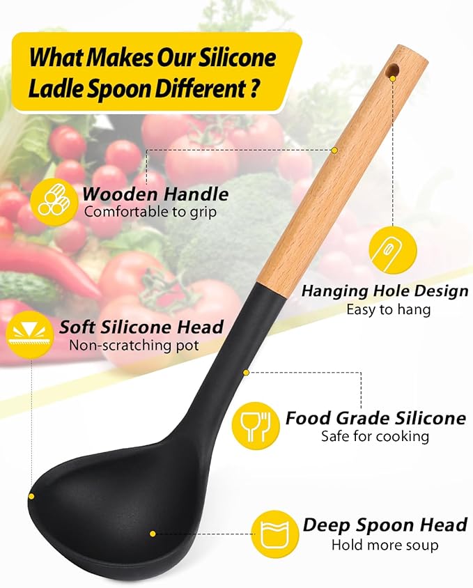 Pack of 2 Soup Ladle, Silicone Ladle Spoon with Wooden Handle, Large Non Stick High Heat Resistant Kitchen Utensils for Cooking, Stirring, Serving Soups(BLACK-WHITE)