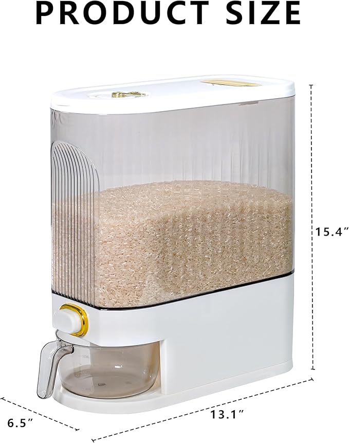 Rice Storage Container 10kg, Clear Food Grain Dispenser with Date Dial & Measuring Cup, Space-Saving Organizer for Rice, Cereal, Pet Food, Pasta