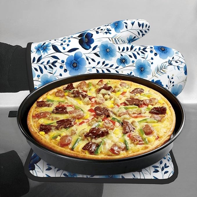 Blue Floral Oven Mitts and Pot Holders Sets of 3, Heat Resistant Cute Decorative Blue Flowers Kitchen Gloves and Hot Pad for Home Cooking Baking Grilling, Baking Gifts for Women, Holiday Kitchen Decor
