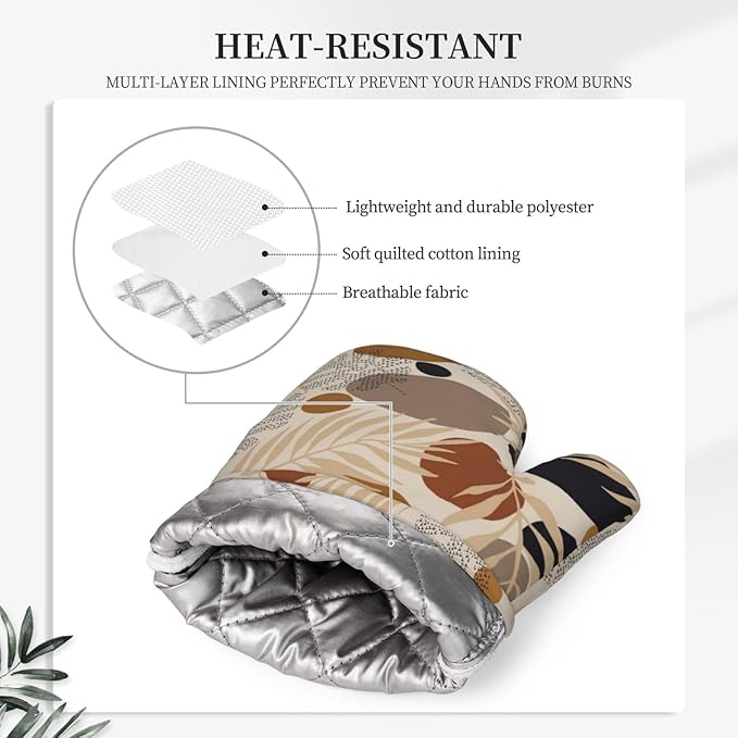 Boho Tropical Leaves Oven Mitts and Pot Holders 4 pcs Set Silicone Botanical Plant Kitchen Oven Mitt Gloves Farmhouse Pot Holders Non-Slip Heat Resistant Cooking Mitts Set for Kitchen Baking