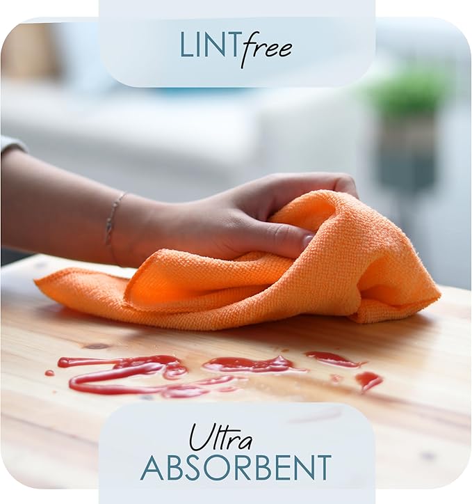Hearth & Harbor Microfiber Cleaning Cloths - 144 Pack Washcloths, Orange Cleaning Rags, Reusable Towels, Lint Free