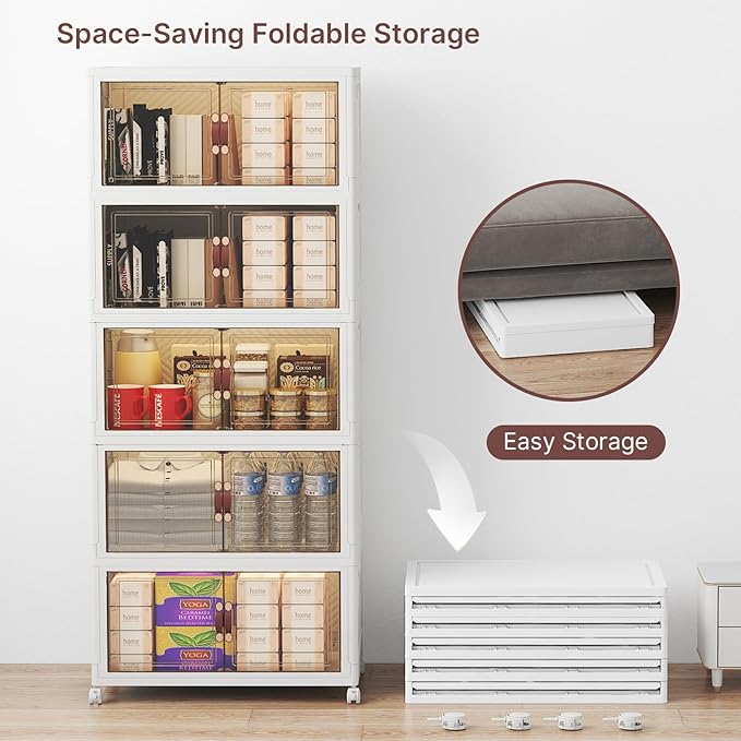 UAMFURI Stackable Storage Bins with Lids, 240QT Closet Organizers, Lockable Storage Cabinet, Foldable Storage Box with Doors and Wheels, Plastic Drawers for Home, Garage, Office (5, White, Medium)