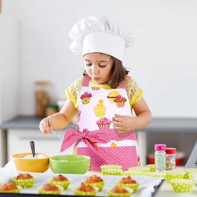G2PLUS Kid Cotton Aprons, Toddler Apron with Pocket, Pink Cupcake Child Apron for Girls, Cooking, Baking, Kitchen, Art Craft Use