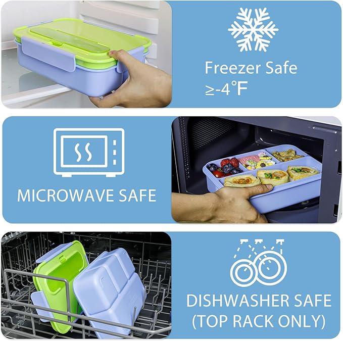 Caperci 50oz Larger Bento Box for Kids - Reinforced Leakproof Lunch Box Containers for Kids, Built-in Sauce Cup, Utensils, 4 Compartments, BPA-Free Microwave & Dishwasher Safe (Lime/Blue)