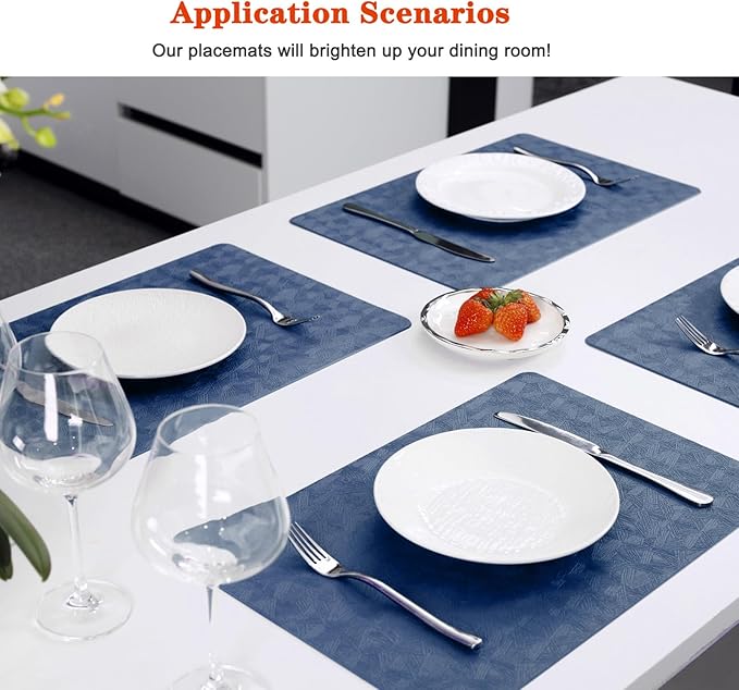 Vinyl Placemats Set of 12 Heat Resistant Easy Clean Non-Slip Place Mats for Dining Table Faux Leather Waterproof Stain Resistant Wipeable Washable PVC Table Mats(12, Blue)