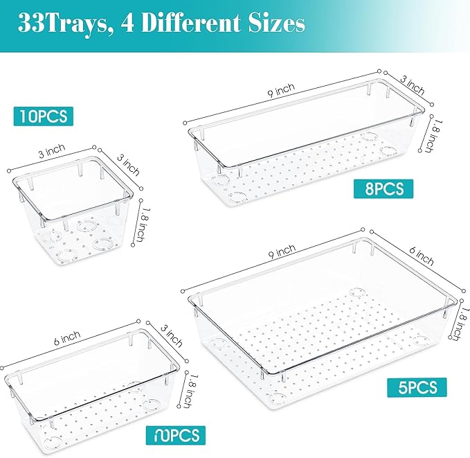 StorMiracle 33 PCS Clear Plastic Drawer Organizers Set, 4 Size Desk Drawer Organizer Trays for Makeup, Jewelry, Kitchen Utensils, Gadgets and Office Accessories