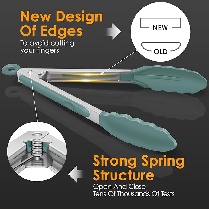 HOTEC Premium Stainless Steel Locking Kitchen Tongs with Silicon Tips, Set of 3-7", 9" and 12" (Sage Green)