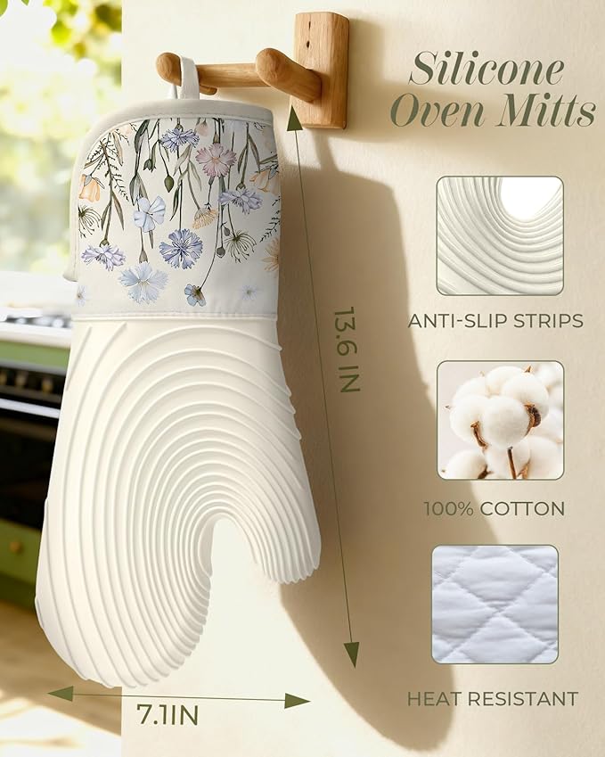 Slohif Long Silicone Oven Mitts Heat Resistant for Women - 2 Pcs Beige Wild Flowers 100% Cotton Oven Gloves, Non-Slip and Waterproof Silicone Oven Mitts with Hanger for Baking and Cooking