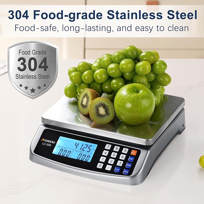 Atogou 66lb Food Scale, Commercial Kitchen Scale with Price Computing, Plug-in Usable, 0.05oz/1g, 304 Stainless Steel, for Cooking, Vegetables, Farm, Industry, Counting. LC300 Grey