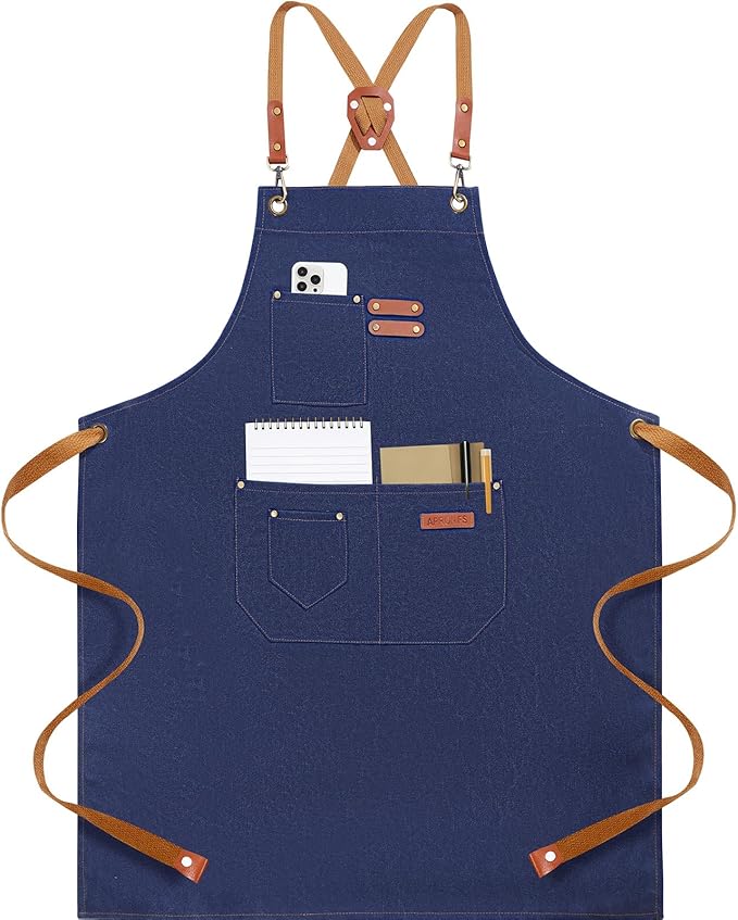 Chef Aprons for Men Women with 4 Large Pockets, Cotton Canvas Cross Back Adjustable Apron for Work grilling kitchen gardening