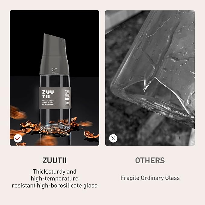 Zuutii Olive Oil Dispenser Bottle - Drip Free Spout for Kitchen, Glass, Gray