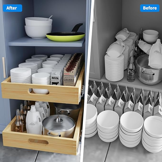 Pull Out Cabinet Organizer Upgrade, 15” W x 21” D Soft Close Slide Out Wood Drawer Storage Shelves for Kitchen, Base Cabinet Organization for Pantry, Finished, Heavy-Duty, Bottom & Side Assembly