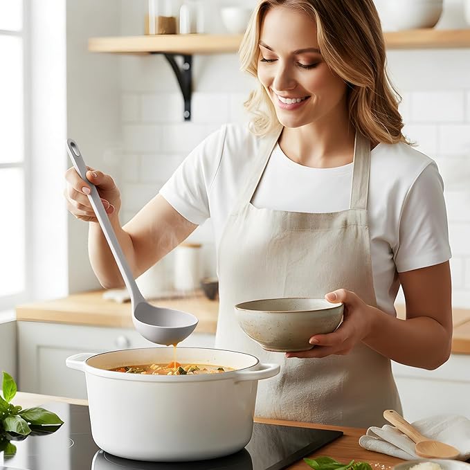 Silicone Spaghetti Spoon&Soup Ladle Cooking Utensils Set of 2,No Scratch for Nonstick Cookware,BPA Free, 450℉ Heat Resistant (GRAY)