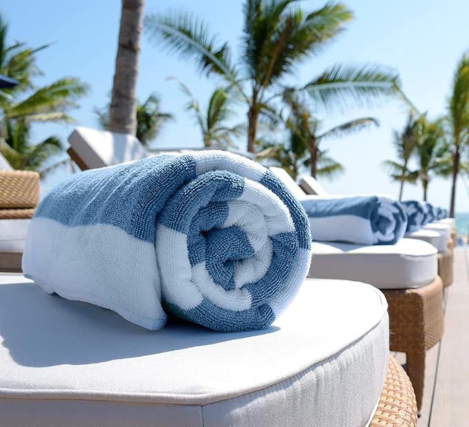 White Classic Beach Towels Oversized Cabana Stripe Cotton Bath Towel Large - Luxury Plush Thick Hotel Swim Pool Towels for Adults Super Absorbent Quick Dry - 35x70 Light Blue [2 Pack]