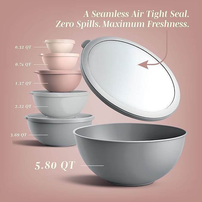 COOK WITH COLOR Mixing Bowls with TPR Lids - 12 Piece Plastic Nesting Bowls Set includes 6 Prep Bowls and 6 Lids, Microwave Safe Mixing Bowl Set (Pink Ombre)