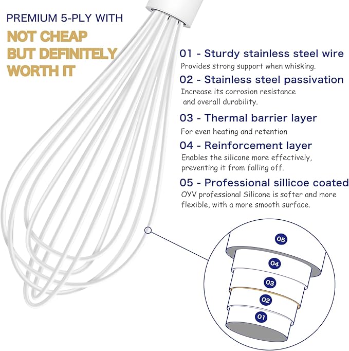 OYV White Silicone Whisk, Sealed Waterproof Design Set of 3, Professional Kitchen Whisks for Cooking Non-Scratch, Silicone&Stainless Steel Whisk, Heat Resistant 480°F Rubber wisk, BPA free