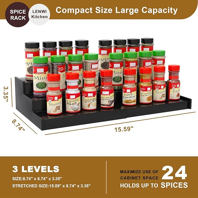 Lenwi Spice Rack Organizer for Cabinet 2 Pack, 3 Tier Expandable Bamboo Spice Storage for Kitchen Cupboard Pantry, Black