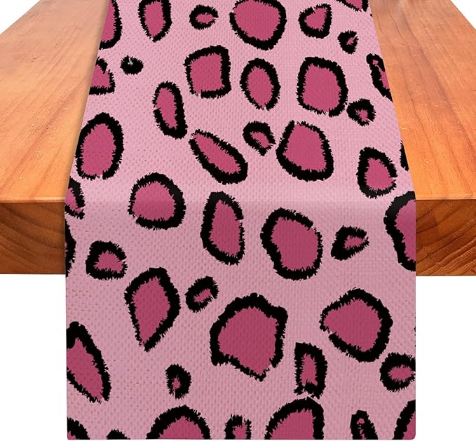 Black Pink Leopard Print Table Runner 72 Inches Long, Animal Style Table Runner Dresser Scarves, Burlap Dining Room Table Decor for Kitchen Farmhouse Indoor Outdoor Home Party
