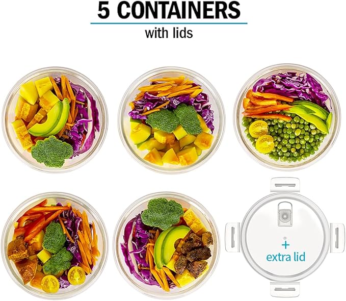 Igluu Meal Prep Round Glass Containers with Air Vent Lids (5 Pack+Extra Lid) – Airtight & BPA-Free – Oven, Microwave, Freezer and Dishwasher Safe – 32oz – Durable Borosilicate Glass