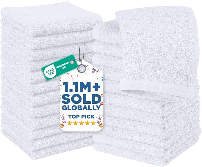 DAN RIVER 24 Pack Wash Cloths for Showering [12x12] - 100% Cotton Washcloths Premium Quality Flannel Face Cloths for Bathroom, Highly Absorbent and Soft Feel Wash Clothes, White