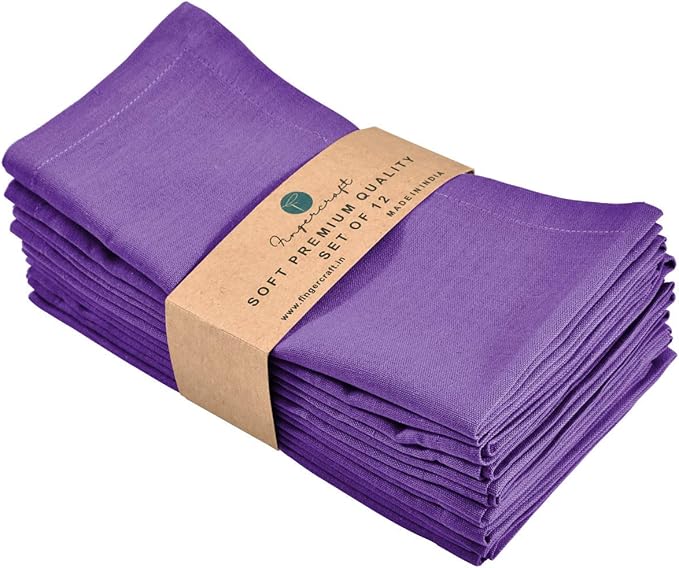 Fingercraft Dinner Cloth Napkins in Cotton Linen Blend Fabric 12 Pack Easter Special, Premium Quality, Mitered Corners for Every Day Use Napkins are Pre Shrunk and Good Absorbency Color Purple