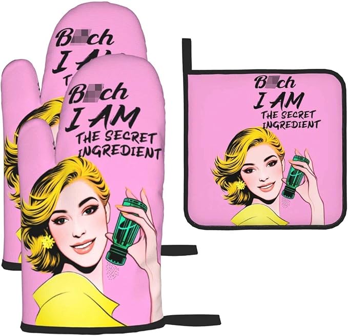 Cute Pink Oven Mitts and Pot Holders Set of 3, Heat Resistant Non-Slip Funny Hot Pad and Kitchen Gloves, Spring Funny Gifts for Cooking Lovers Women, Fun Kitchen Decor for Baking Cooking Grilling