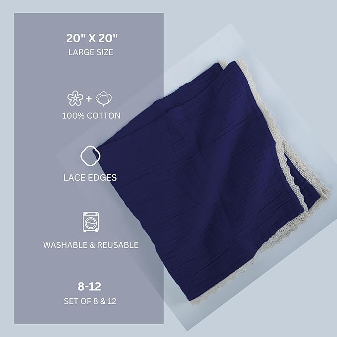 FINGERCRAFT Dinner Cloth Napkin Cotton Muslin Double Gauze 12 Pack with Classic Lace for Everyday Use, Wedding, Christmas, Easter Napkins Cloth are Pre Shrunk and Good Absorbency Bellwether Blue
