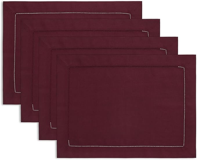 Solino Home Wine Placemats Set of 4 - Cotton Linen Hemstitch Placemats 14 x 19 Inch for Mothers Day