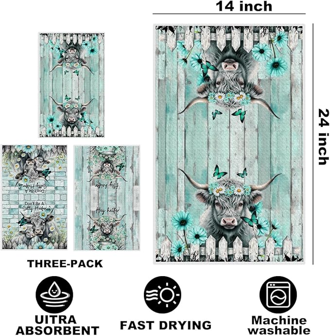 3 Pcs Cattle Kitchen Towels, Cow Vintage Themed Dish Towel Bathroom Decorative Rustic Cloths for Kitchen Bathroom Home Cooking Housewarming Gifts, Cow Gifts for Women