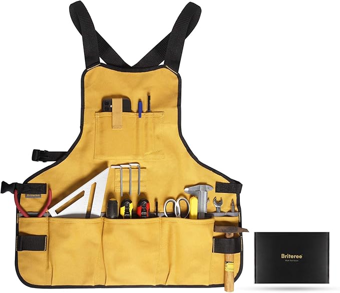Work Tool Apron for Men and Women, Torso Length with 21 Tool Pockets, Durable Canvas Apron, DIY Enthusiasts, Gifts for Men for Christmas(Yellow)