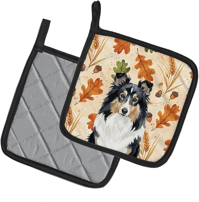 Caroline's Treasures Tricolor Sheltie Heirloom Fall Pair of Pot Holders Pair 7.5x7.5 Quilted Insulated Hot Pads Decorative Kitchen Gift Made in USA