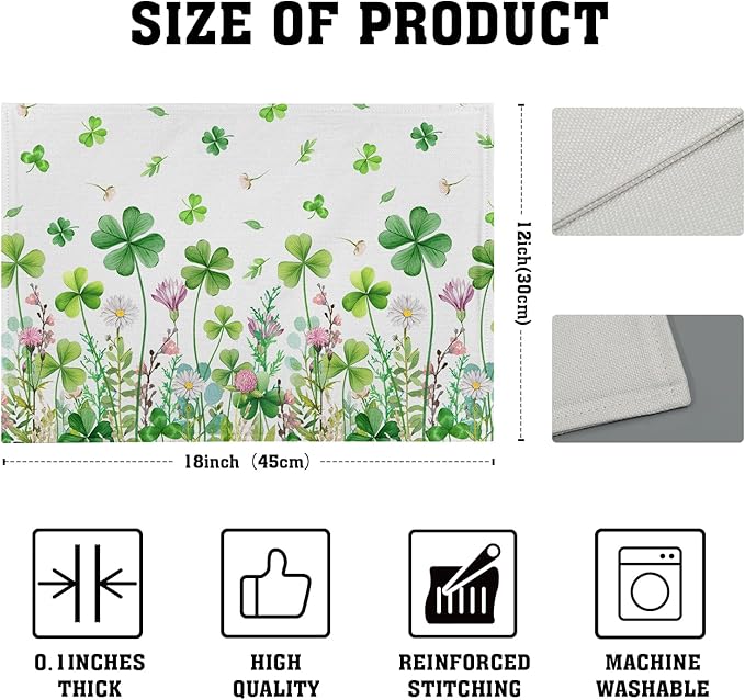 Green Shamrock Placemats Set of 4, 12 x 18 Inch Clover Lucky Floral Heat Resistant Linen Farmhouse Table Dining Place Mats for Seasonal Spring Kitchen Home Decor