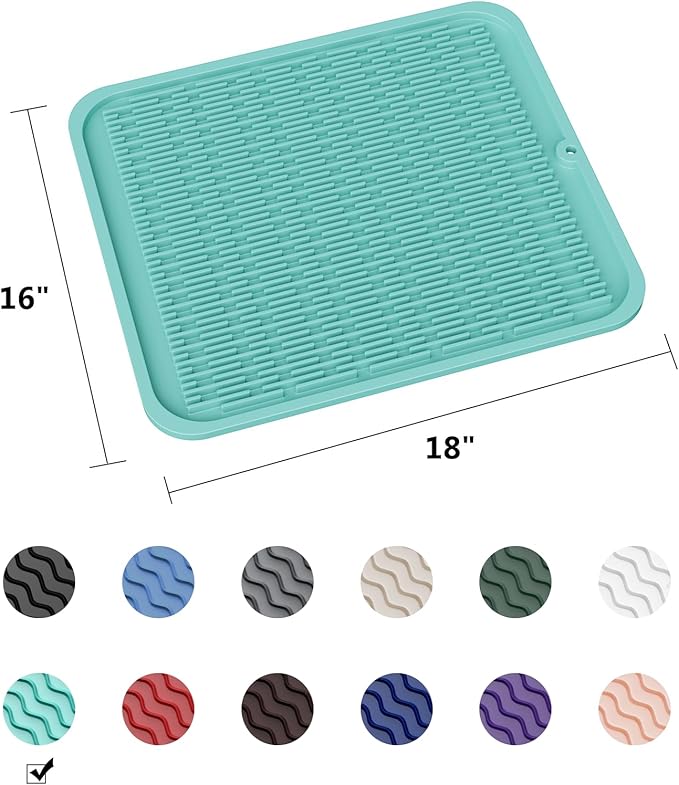 ZLR Large Silicone Dish Drying Mat (16" x 18") - XL Heavy Duty Drainboard Mat for Pots, Pans & Family Loads - Heat Resistant Trivet & Counter Protector, Easy Clean (Mint Green)