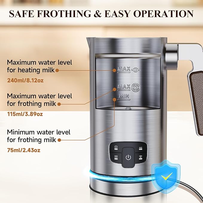 Novalife Milk Frother, 4 in 1 Milk Frother and Steamer with Two Whisks, Frothing Whisk and Heating Whisk, Automatic Warm and Cold Foam Maker for Coffee Latte Cappuccino Macchiato Hot Chocolate Matcha