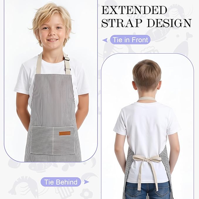 2 Pack Stripes Kids Apron, Kids Cooking Aprons with 2 Pockets, Cute Aprons for Cooking for Boys and Girls
