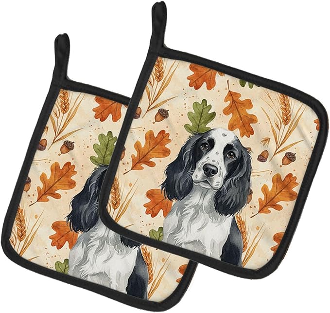 Caroline's Treasures Black and White English Springer Spaniel Heirloom Fall Pair of Pot Holders Pair 7.5x7.5 Quilted Insulated Hot Pads Decorative Kitchen Gift Made in USA