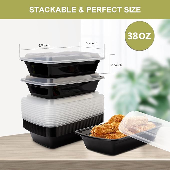 Ezalia 50 Pack- Meal Prep Containers 38oz, Plastic Food Prep Containers Reusable, Leakproof To Go Food Containers with Lids, BPA-Free, Microwave/Dishwasher/Freezer Safe