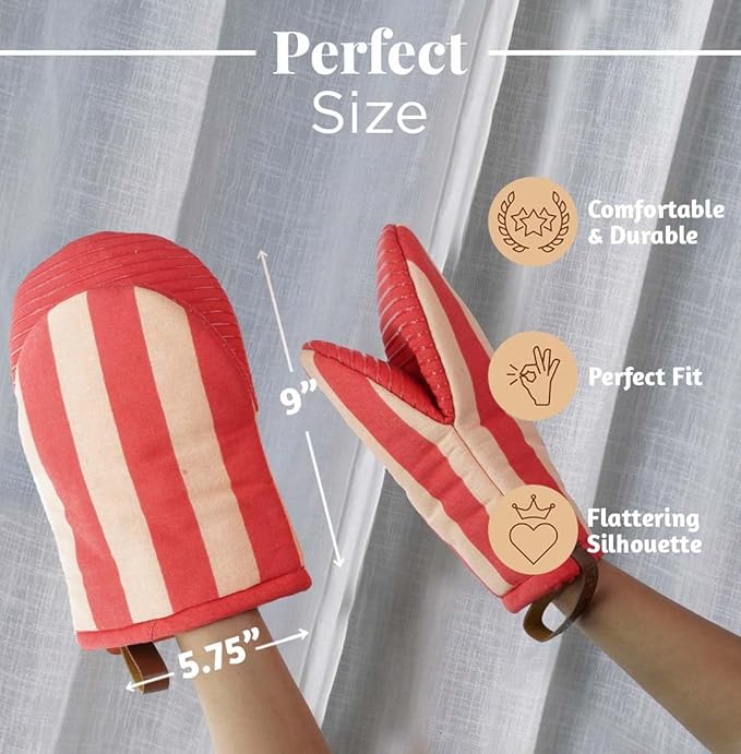 Folkulture Red Oven Mitts - Set of 2 (5.75"x9") | Cute Red Oven Mitts with Hanging Loop for Cooking Gifts, Kitchen Decor| 100% Cotton, Silicone Heat Resistant Oven-Gloves for New Home Essentials