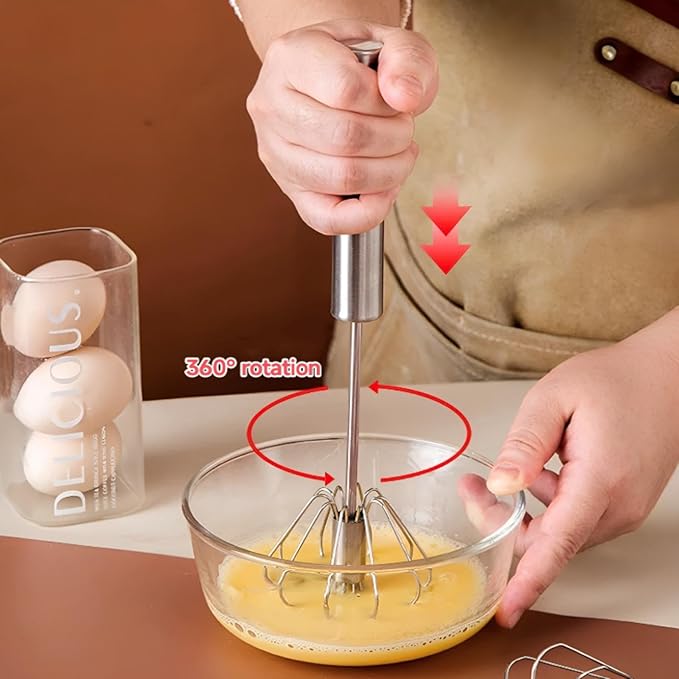Semi-Automatic Stainless Steel Egg Whisk, Hand-Operated Rotary Whisks, Multi-functional Stainless Steel Kitchen Mixing Tool, Manual Egg Whisk, Suitable for Mixing, Whipping, and Stirring, 12"