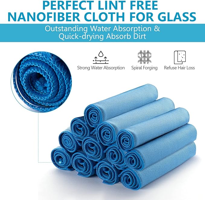 12 Pcs Microfiber Glass and Window Cleaning Cloths,12" x 12" Lint Free Streakless Buff Polishing Cloth,Quickly Clean Windows, Windshields, Mirrors, and Shower Glass Doors,Washable and Reusable